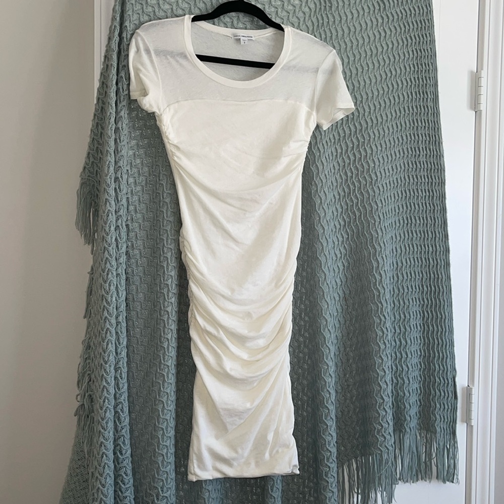 James Perse Standard white crewneck ruched soft t-shirt dress.